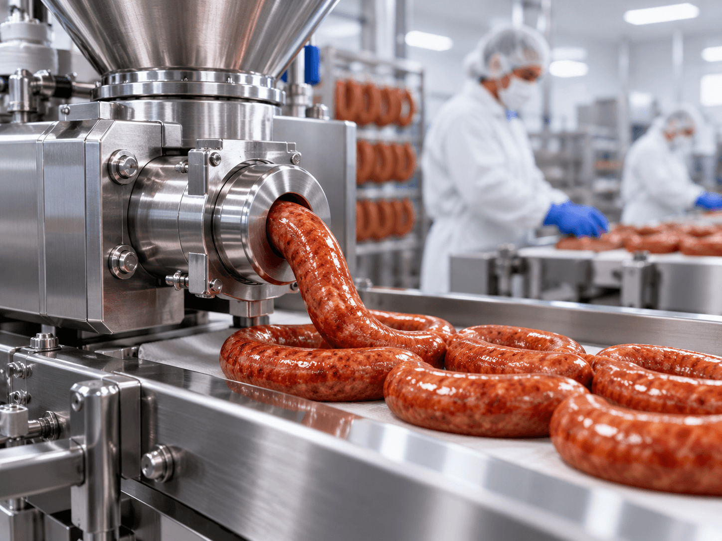 Sausage links extruded on a production line