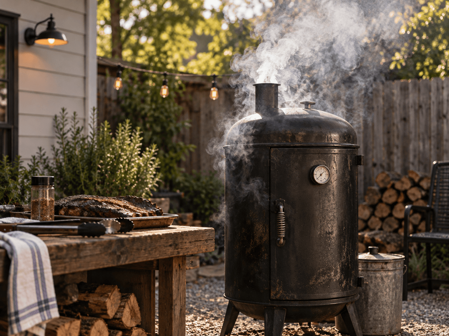Black offset smoker in a backyard