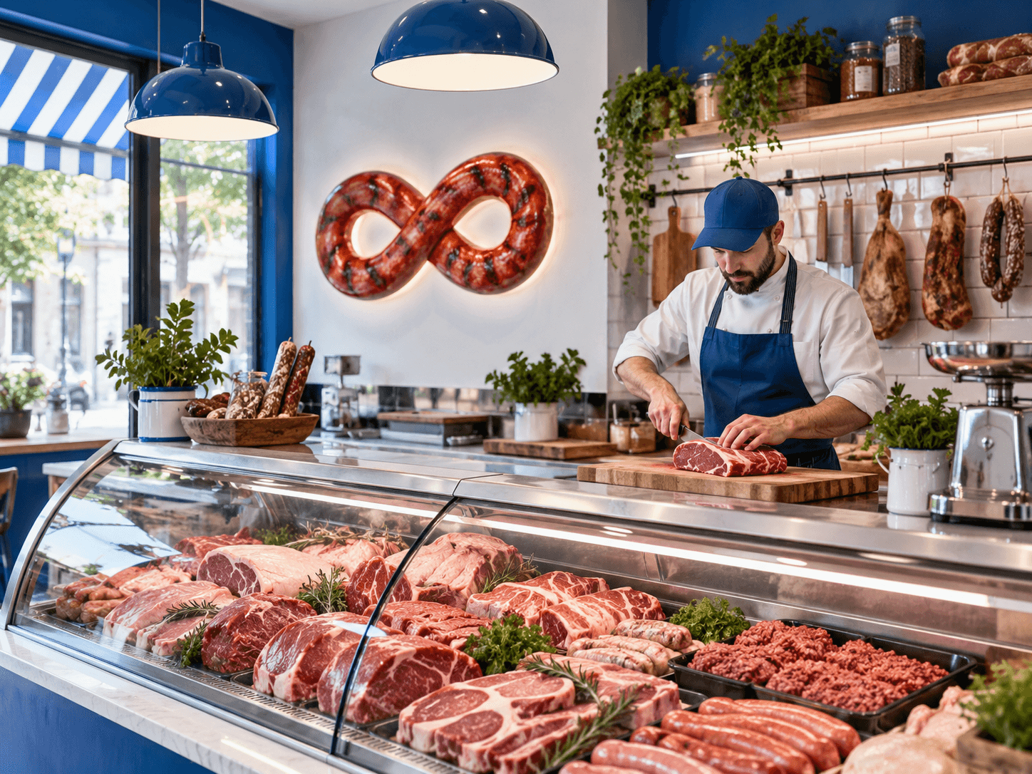 Meat butcher shop counter with branding