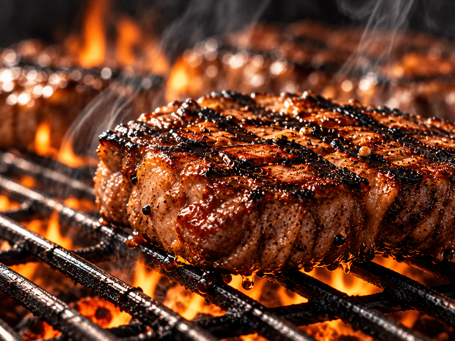 Steaks grilling over flames