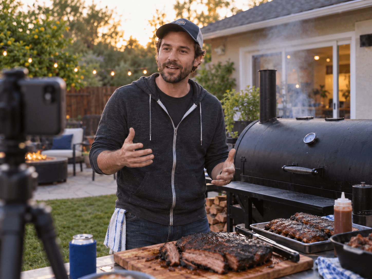 Founder livestreaming from a backyard smoker setup