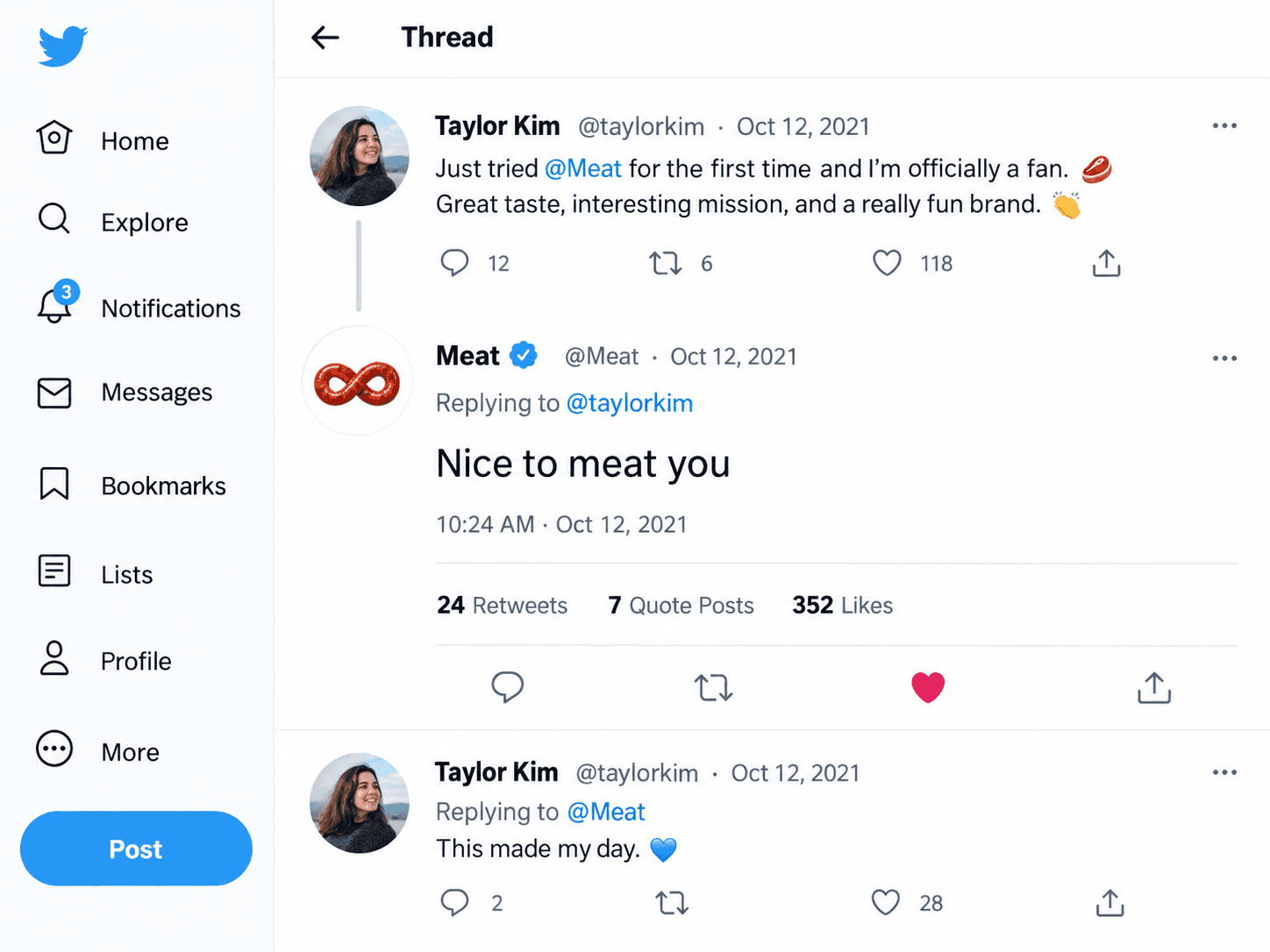 Social media thread showing Meat's reply on X