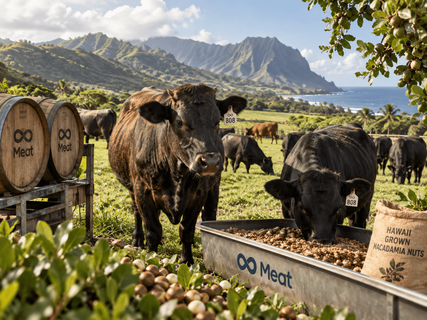 Ko'olau Ranch cattle grazing with Meat-branded barrels
