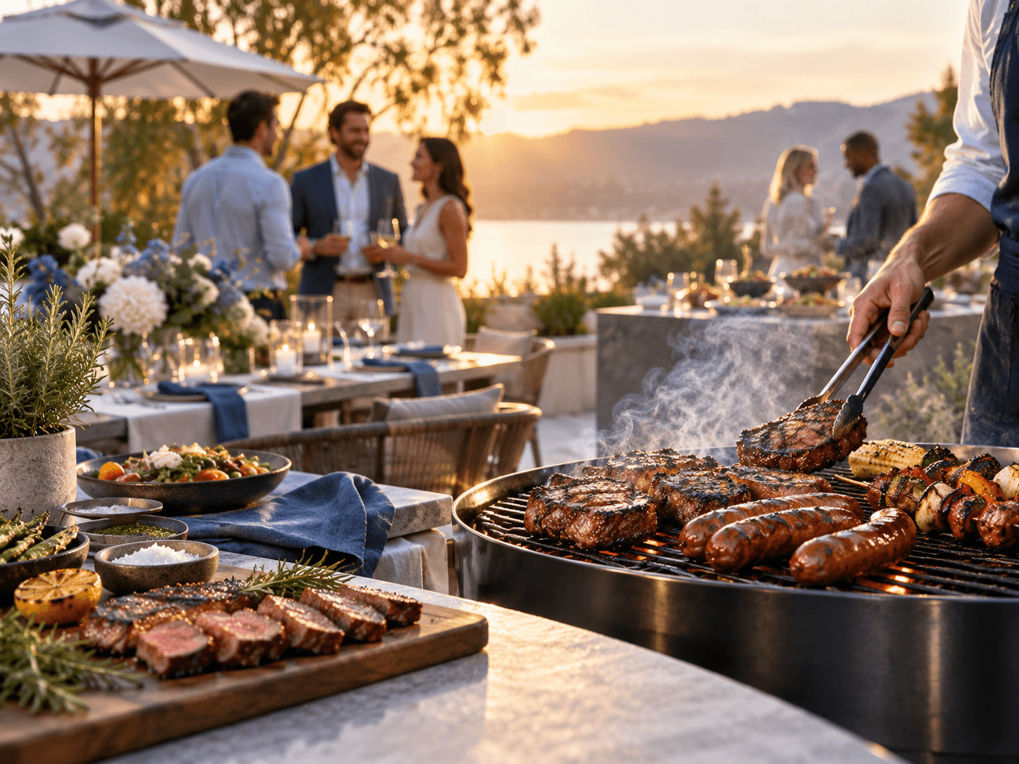 Outdoor cookout at sunset with guests and a grill