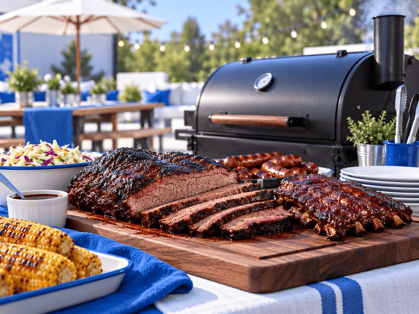 Brisket, ribs, and grilled corn on a patio spread