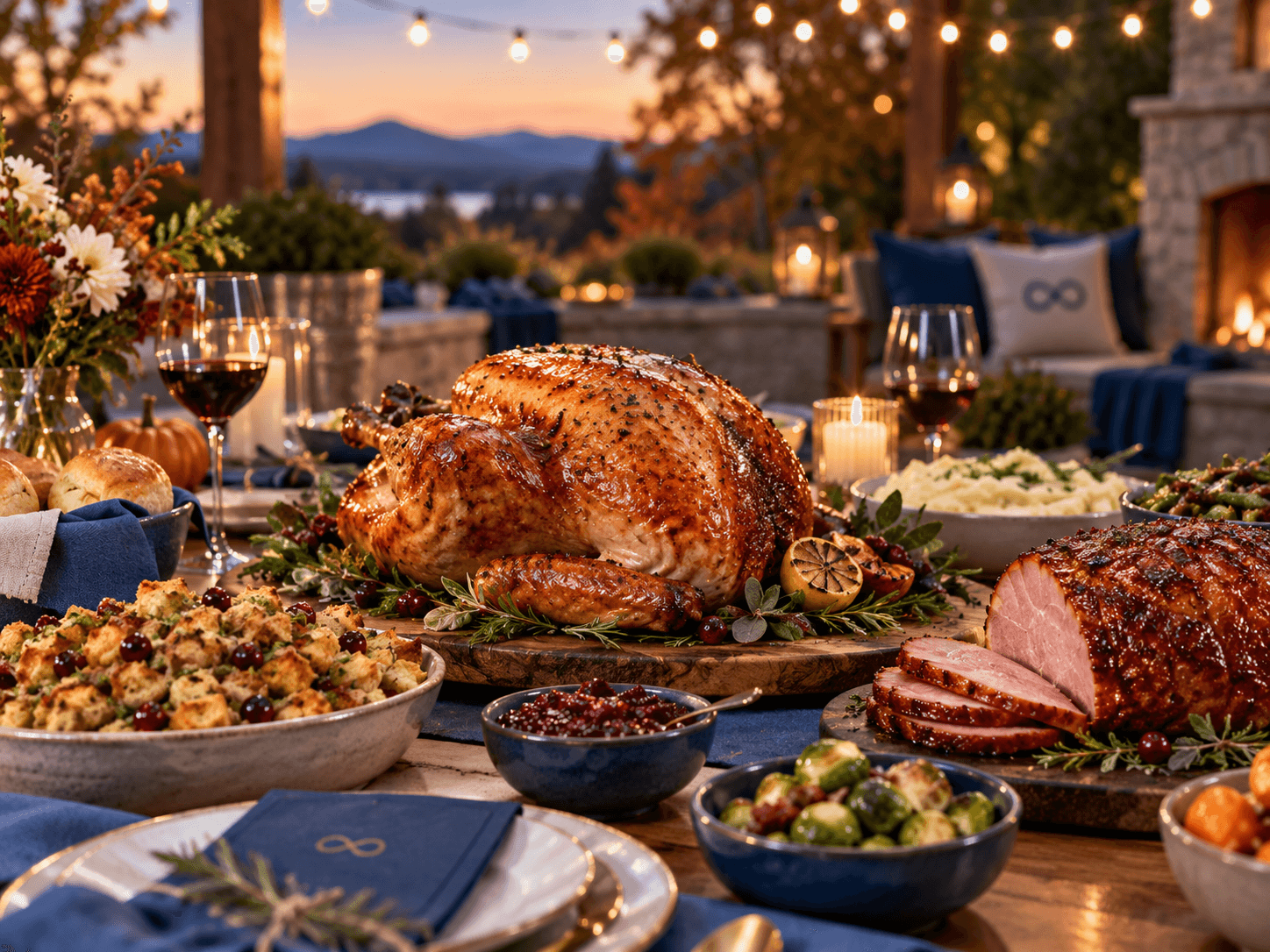 Thanksgiving feast with turkey and ham on an outdoor table