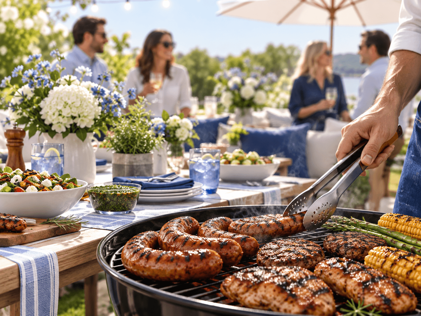 Outdoor barbecue with guests grilling sausages and corn