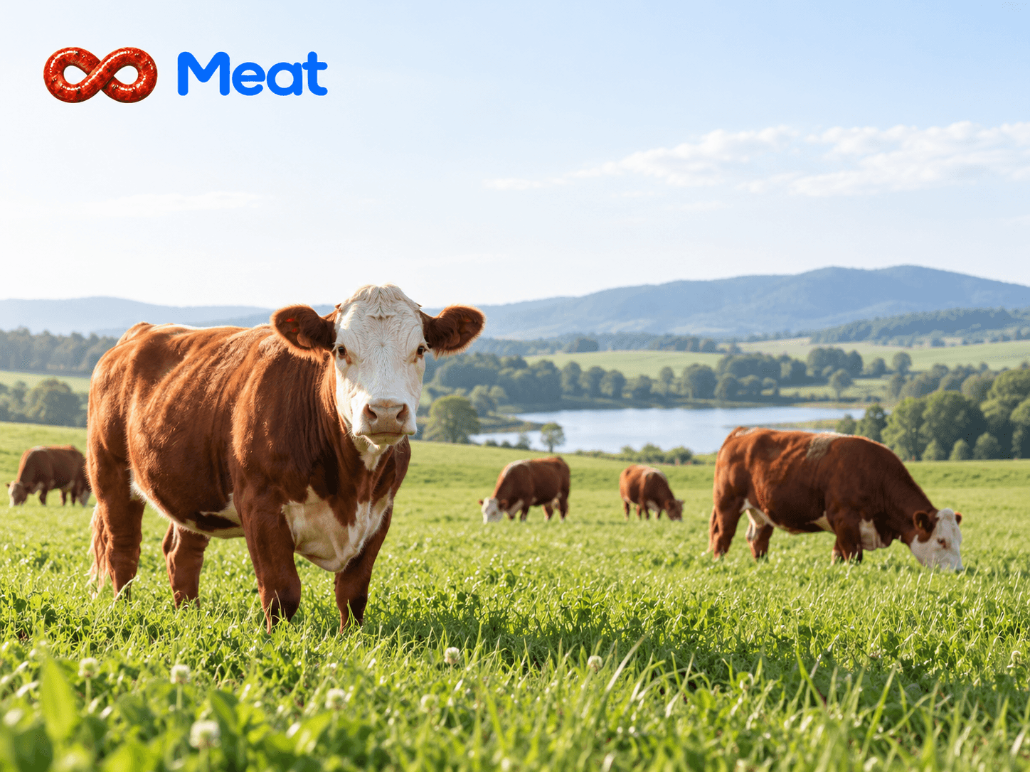 Cows grazing in a green pasture with hills and a lake
