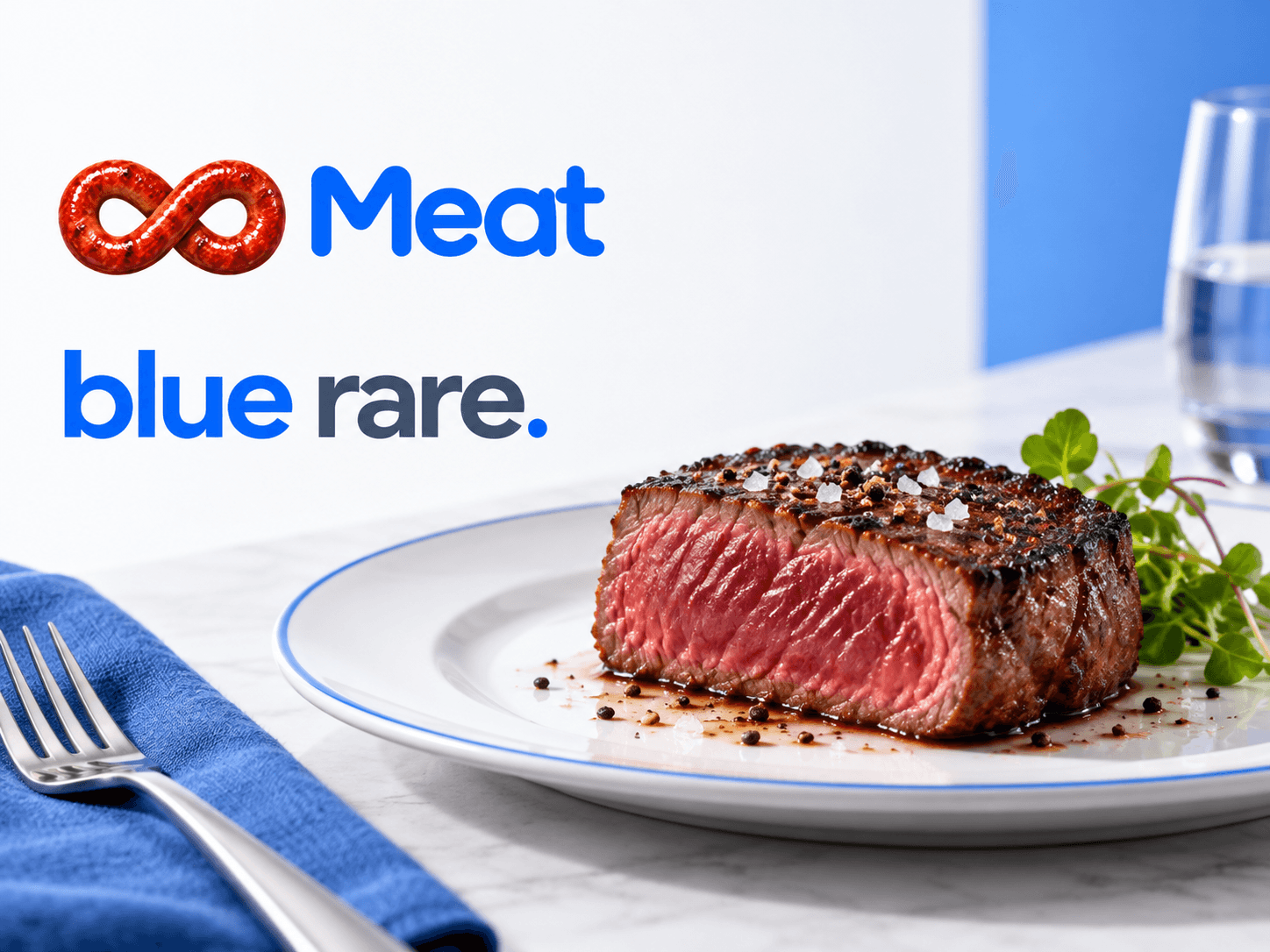 Blue rare steak on a white plate with a blue rim