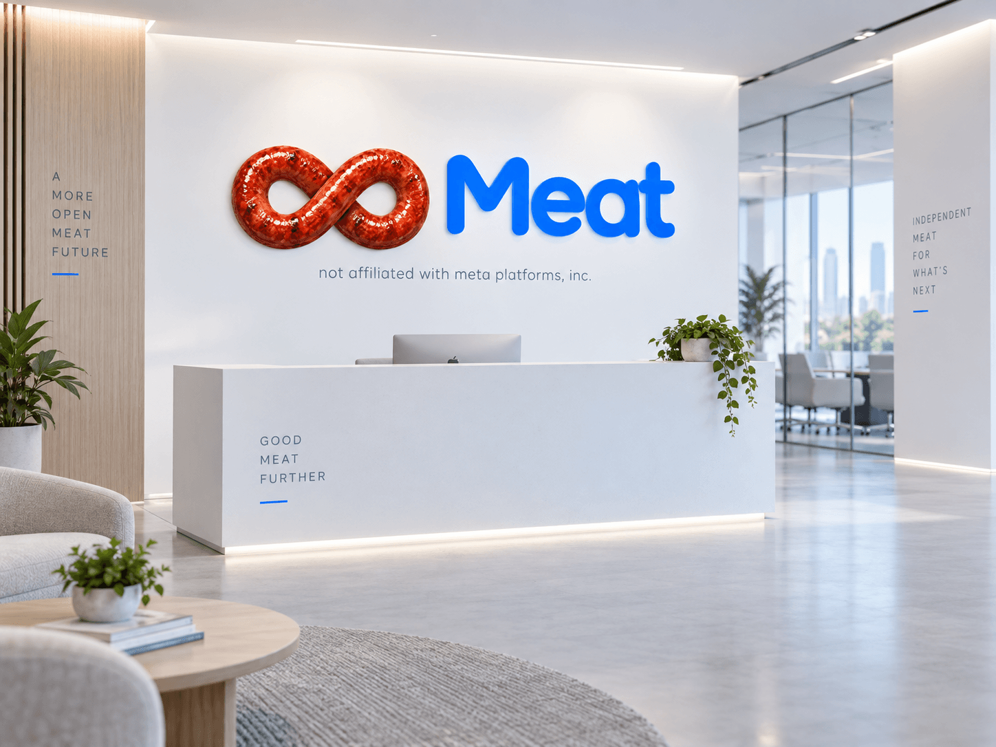 Meat office reception with logo and disclaimer on the wall